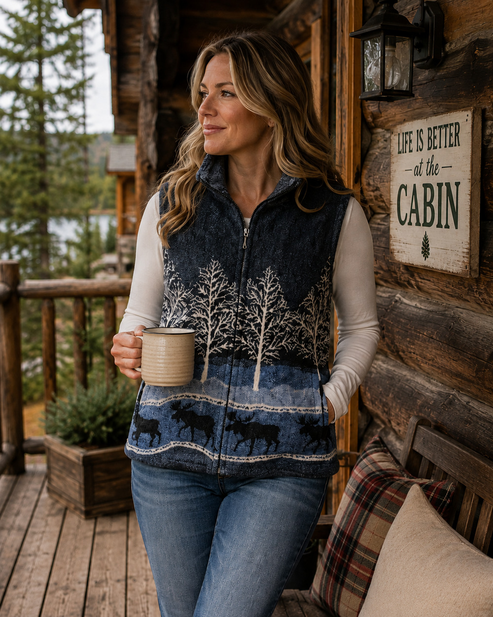 Vintage Black Diamond Woodsy Moose Print Fleese Vest Size L